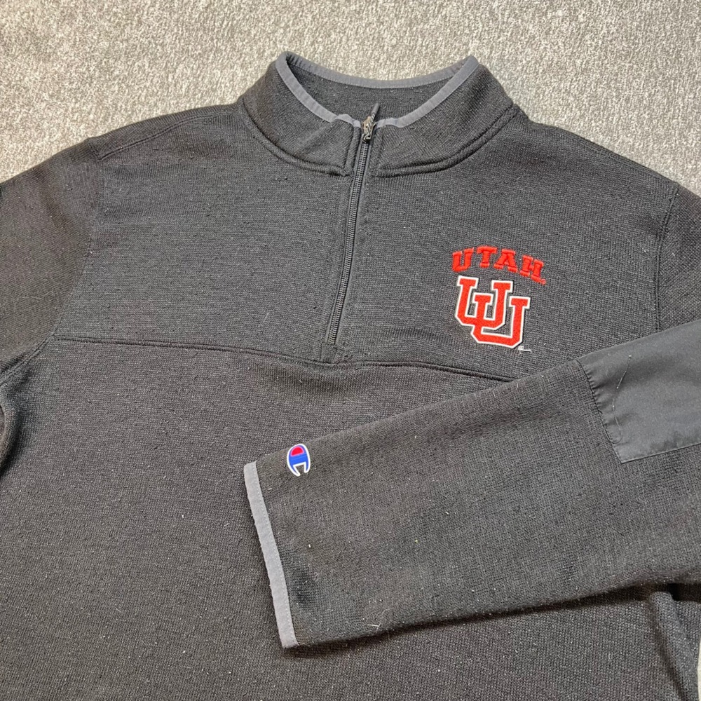 Champion University of Utah Utes Quarter Zip Pullover Mens Large Black Knit L